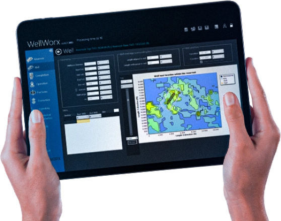 hands holding tablet with WellWorx app running.